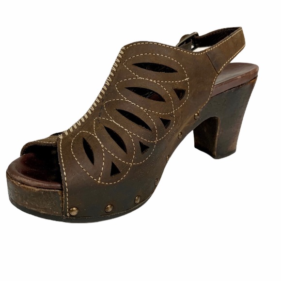 Dansko Shoes - DANSKO Rowena Leather Brown Wooden Heel Clogs -9.5